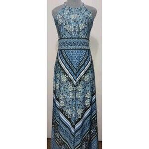 B. Calm Maxi Dress Blue/Black/White Halter Keyhole Stretchy Light Spring Summer